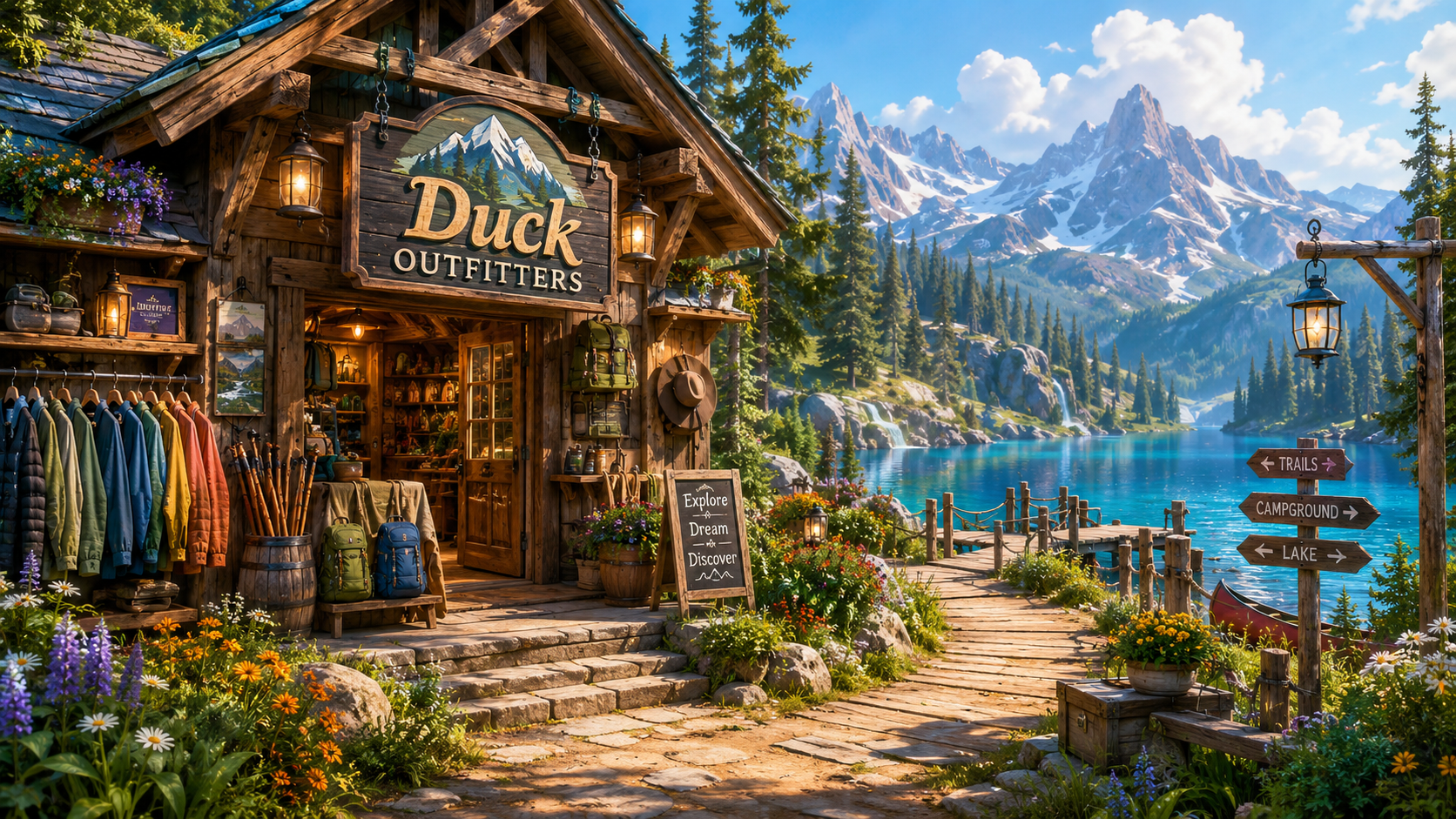 Duck Outfitters rustic lakeside outfitter shop in the mountains